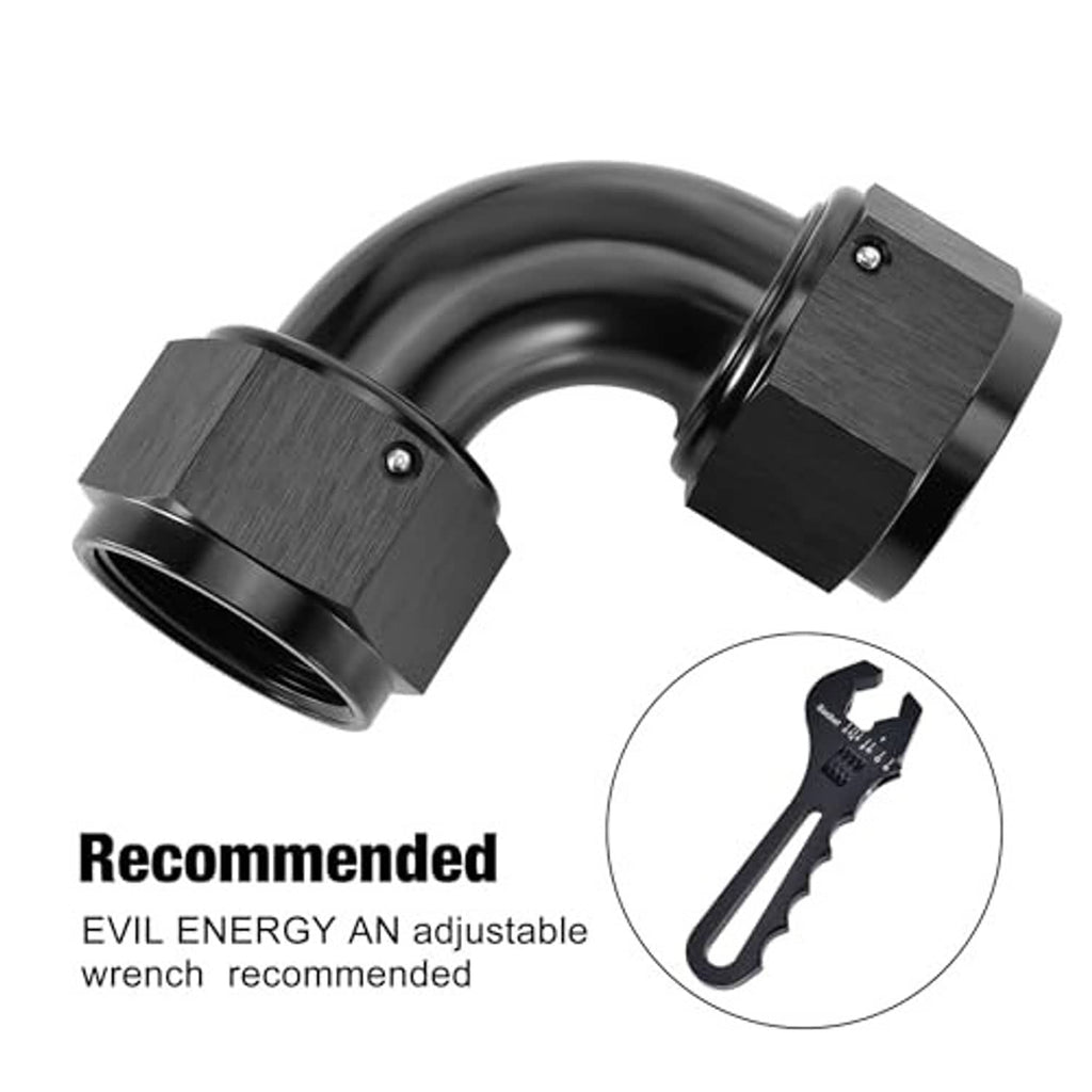 90-degree swivel coupler with female threads and dark brushed metal body