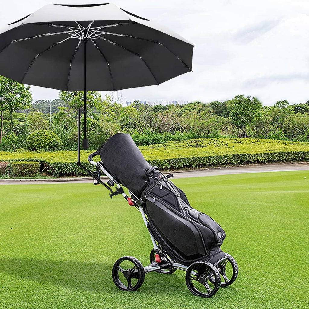Golf umbrella mounted on a black push cart with dark canopy and rain coverage.