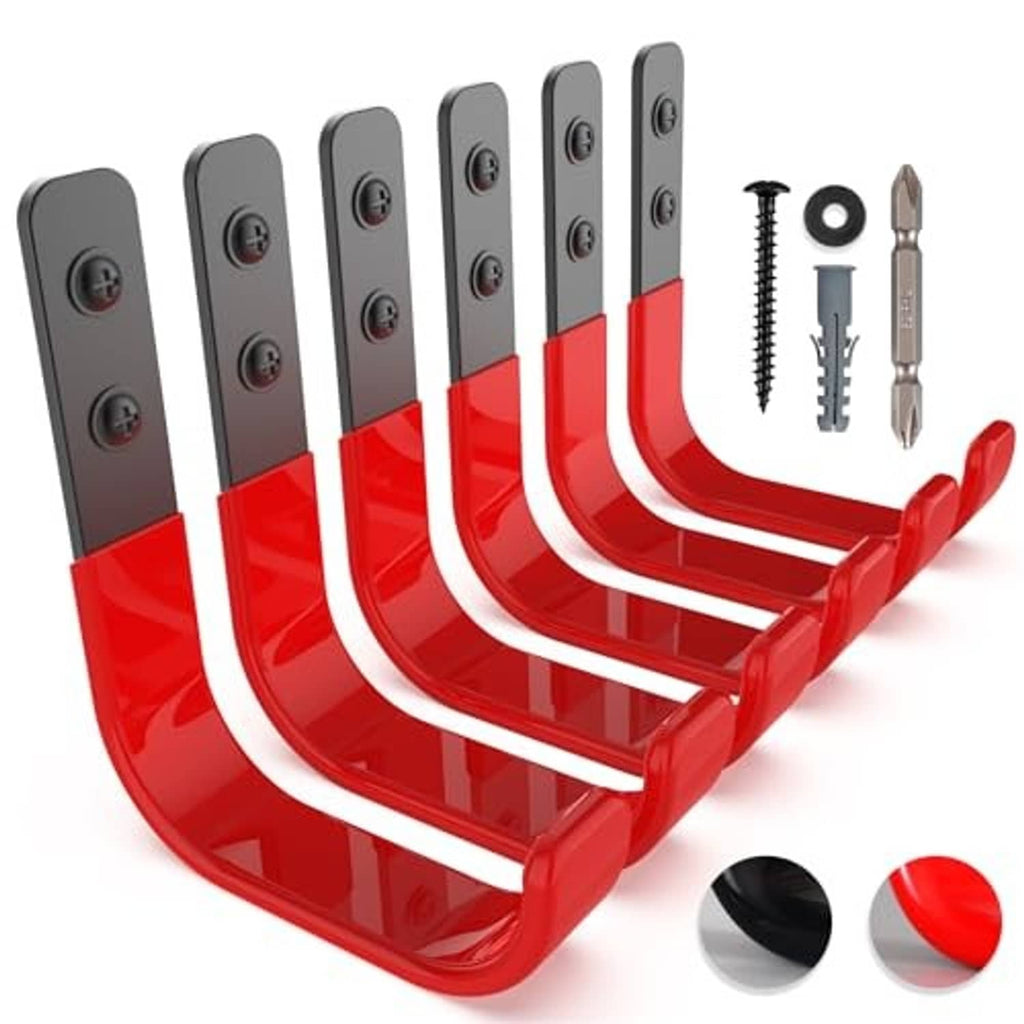 Set of multiple red wall hooks with gray back plates and included installation hardware