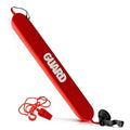 Red lifeguard rescue tube with GUARD lettering and black towing strap
