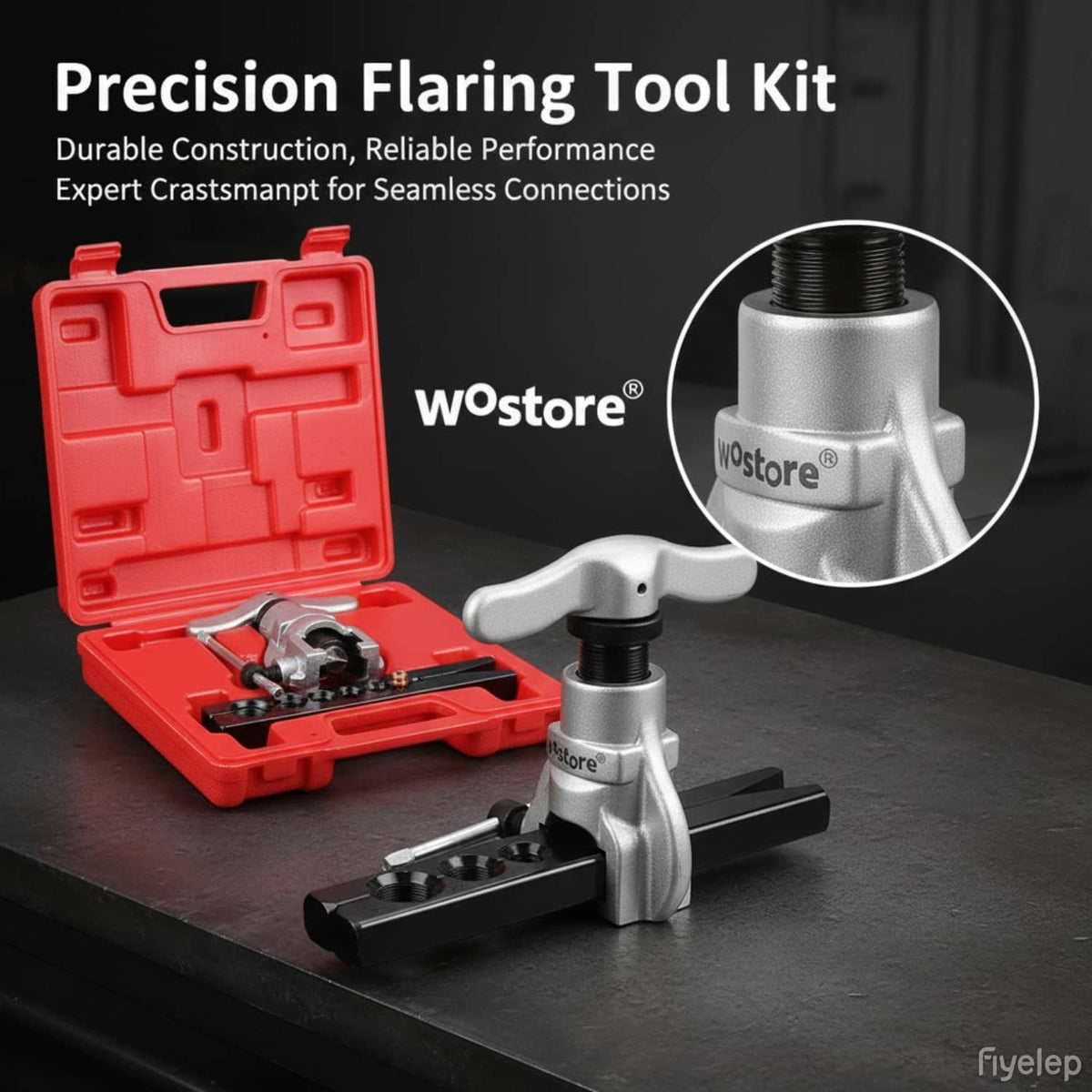 Precision tube flaring tool kit with red case, silver head, and black clamp base