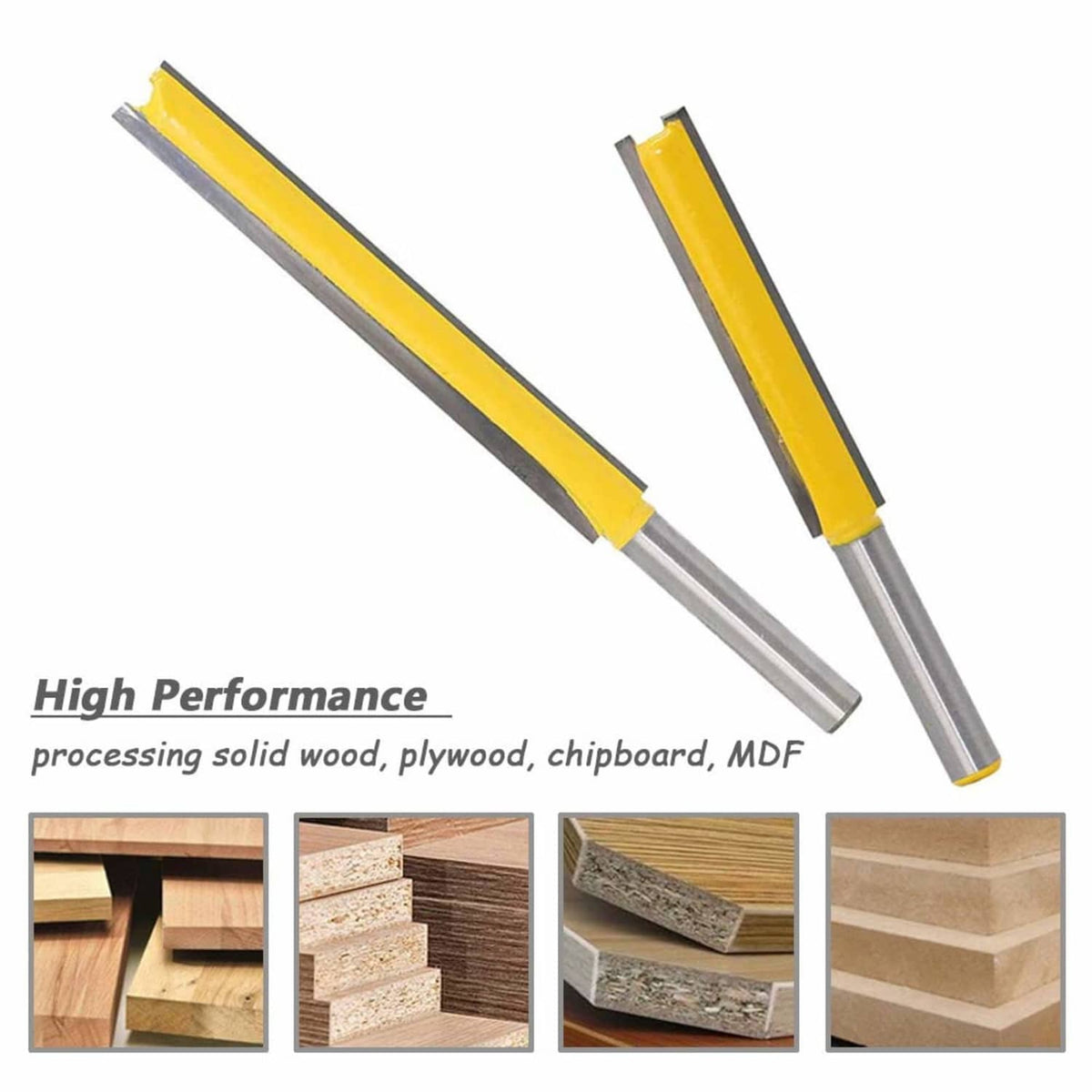 Double-flute straight router bit pair with yellow cutters and silver metal shanks