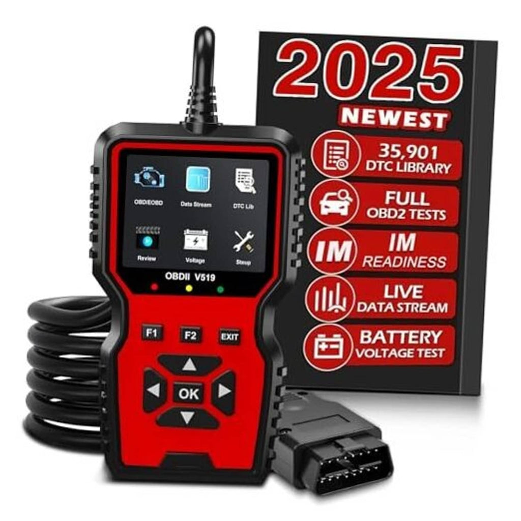Red and black handheld OBD2 scanner with OBD2 plug connector and 2025 info card.