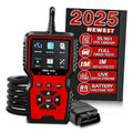 Red and black handheld OBD2 scanner with OBD2 plug connector and 2025 info card.
