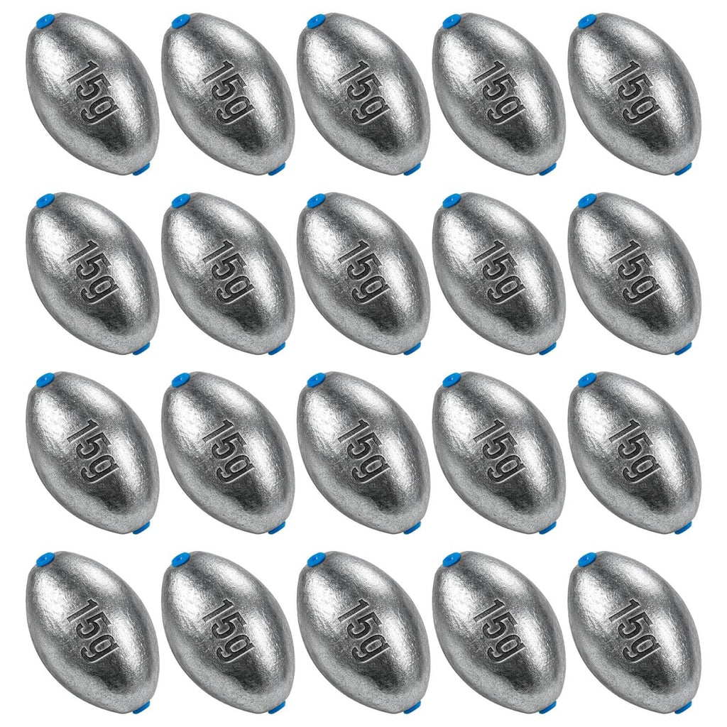 Set of oval lead sinkers, dark gray metal with small blue line guides