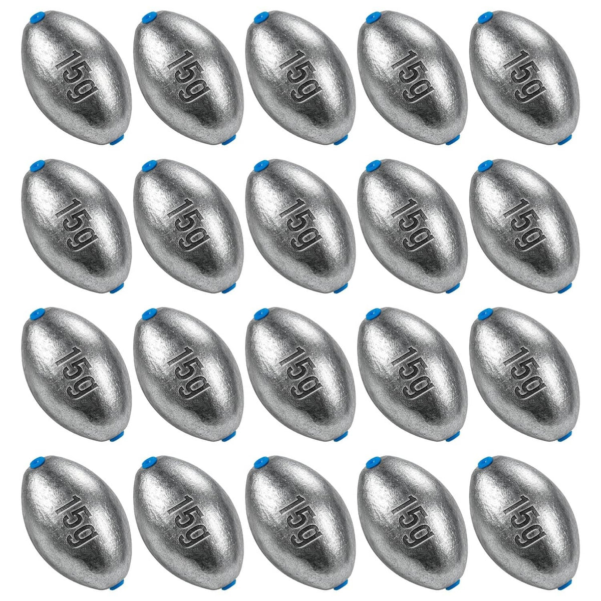 Set of oval lead sinkers, dark gray metal with small blue line guides