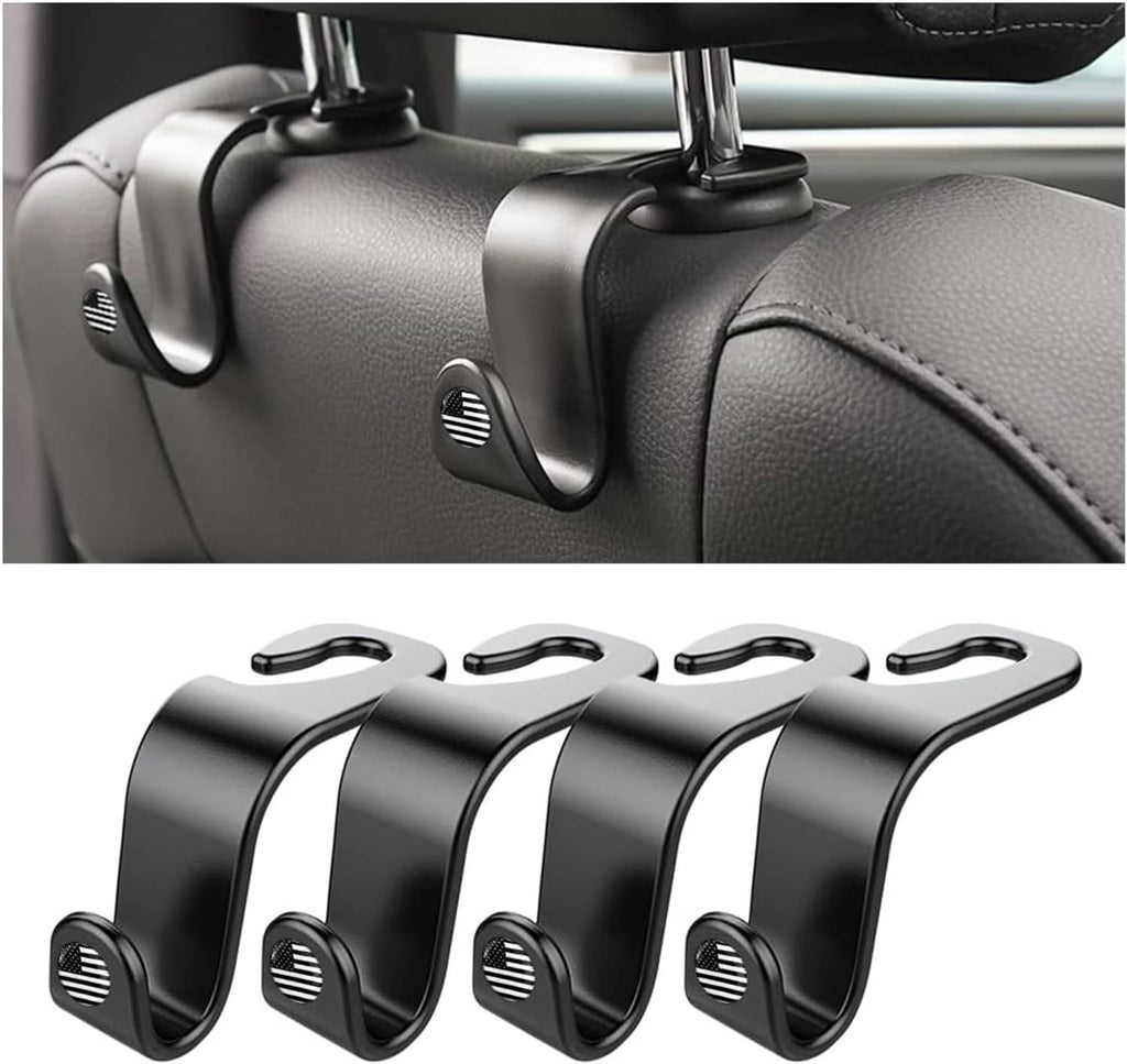 Four black headrest hooks shown separately with curved U-shaped hanger