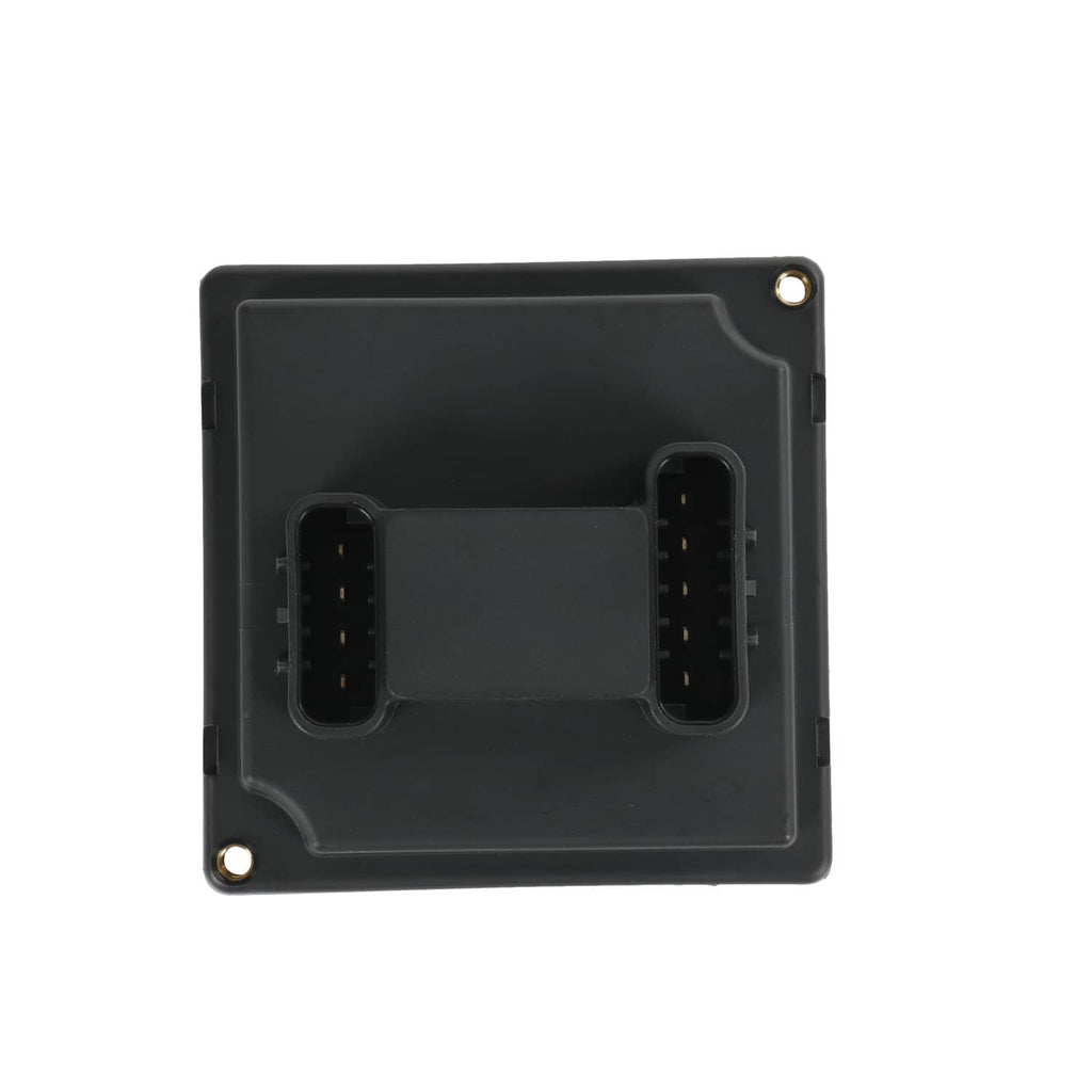 Black relay module front panel with two exposed connector openings