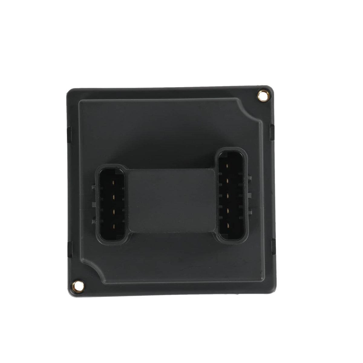 Black relay module front panel with two exposed connector openings