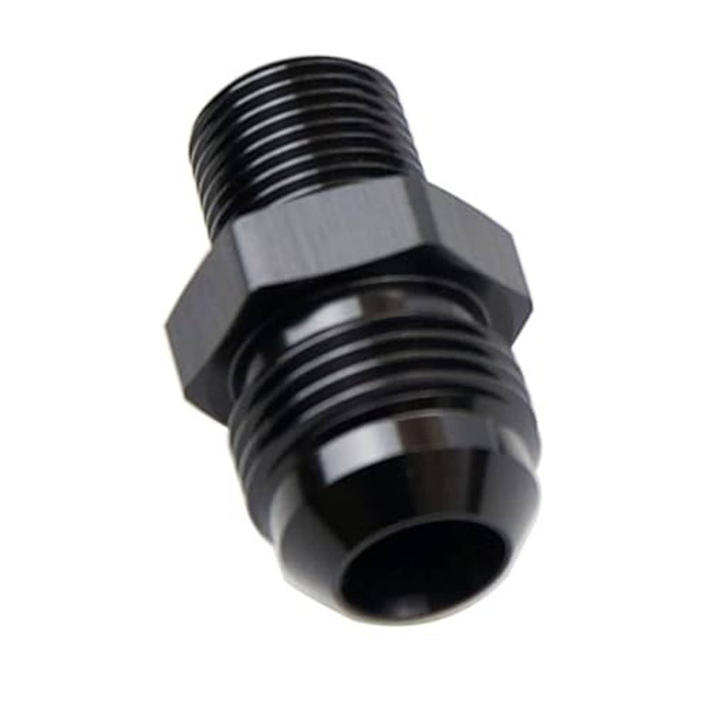 Black union adapter fitting with two external threads: 10AN and 3/8 in NPT male
