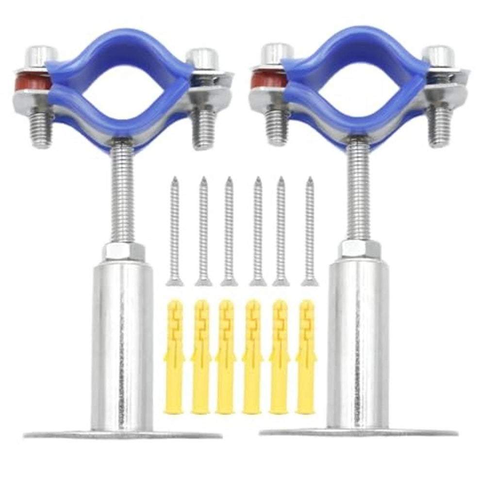 Pipe support clamp pair with blue bands, threaded rods, and included screws and anchors