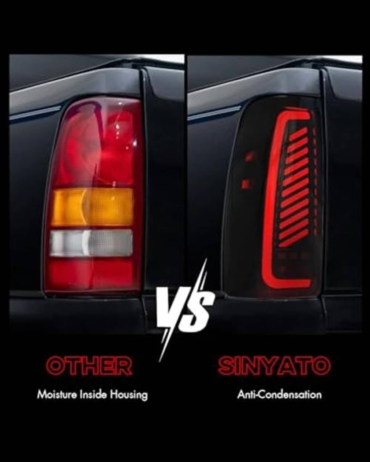 Tail lights comparison showing red illuminated vertical LED bars in a black housing