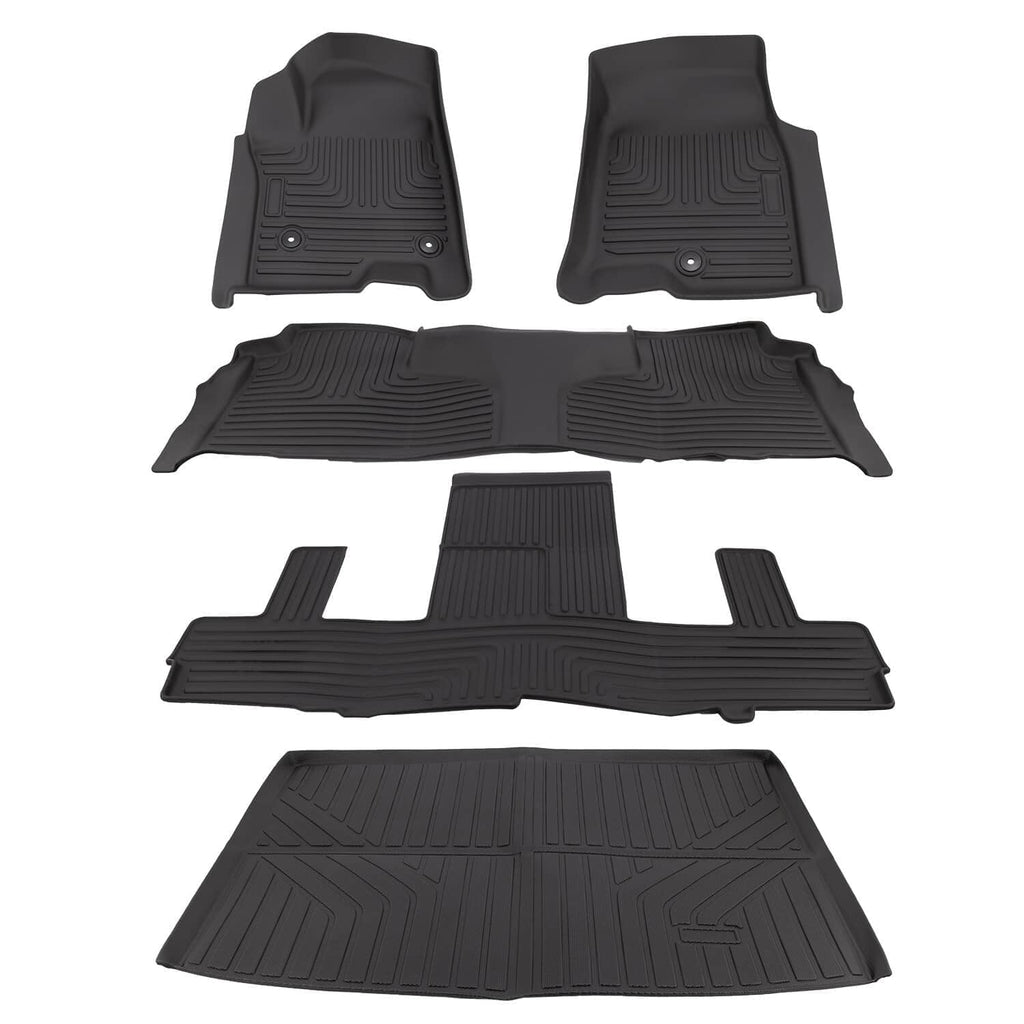 Black floor mat and cargo liner set with ridged surface and anchor openings