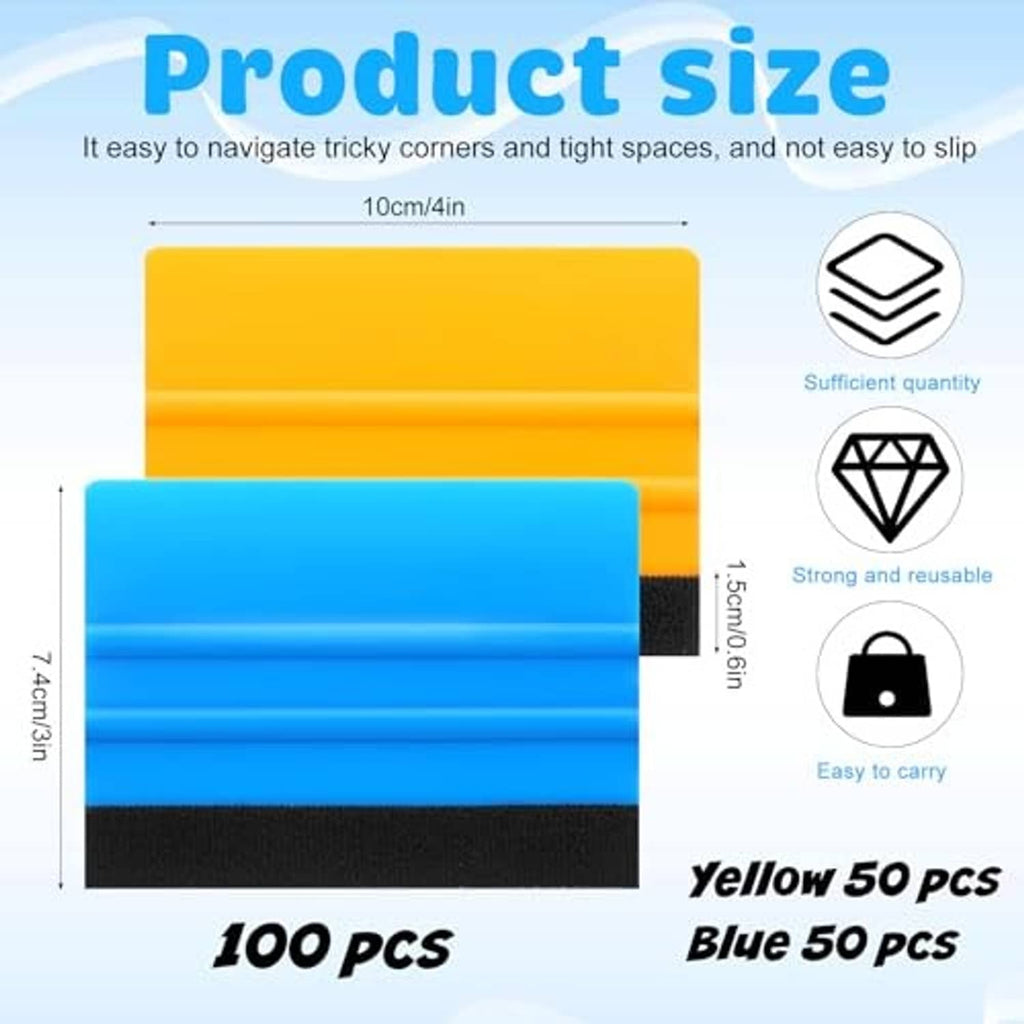 Yellow and blue felt-edge squeegee scraper tools, rectangular pad style