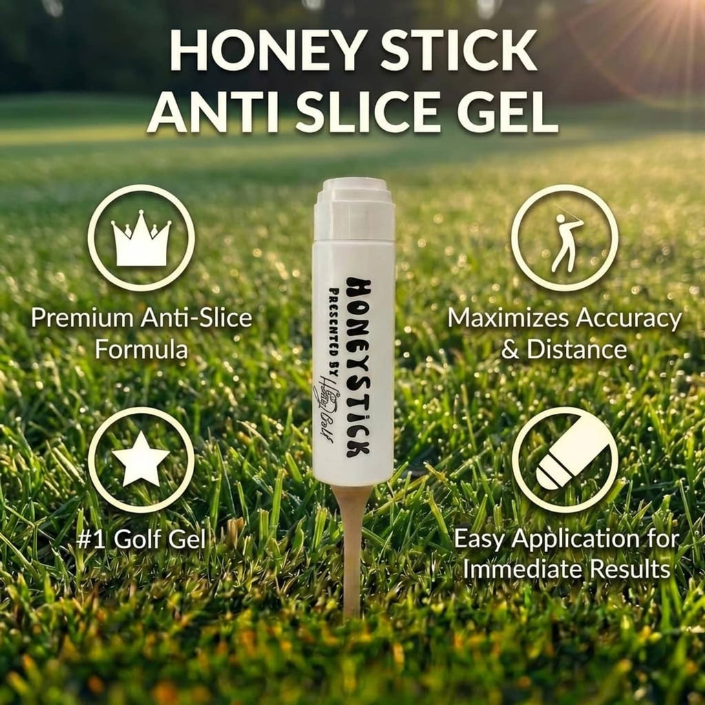 HoneyStick anti-slice gel bottle centered on grass, premium formula and features icons