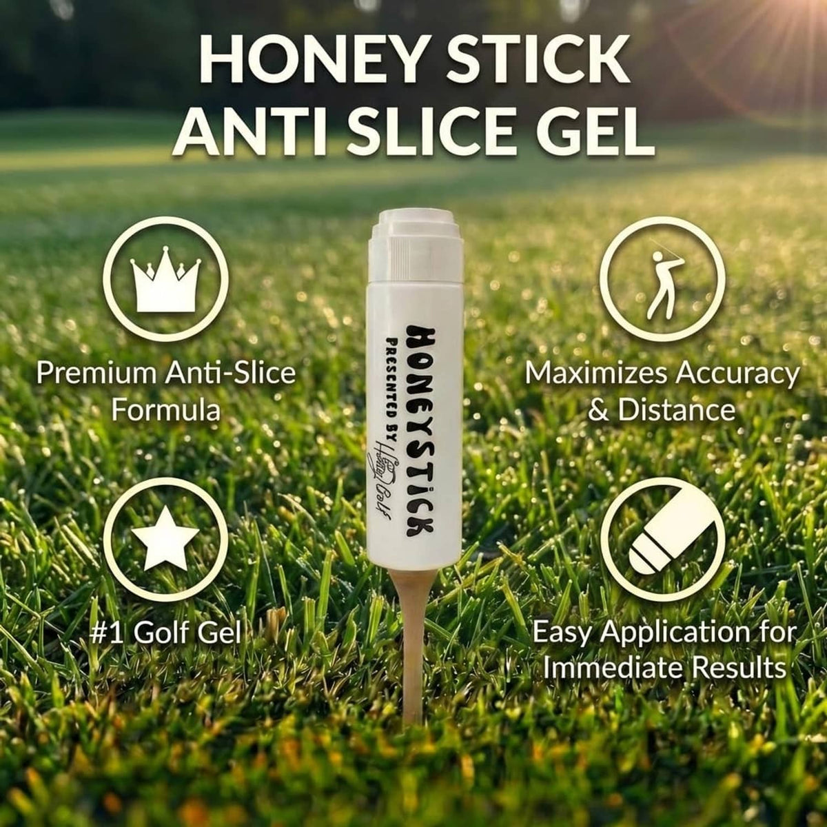 HoneyStick anti-slice gel bottle centered on grass, premium formula and features icons