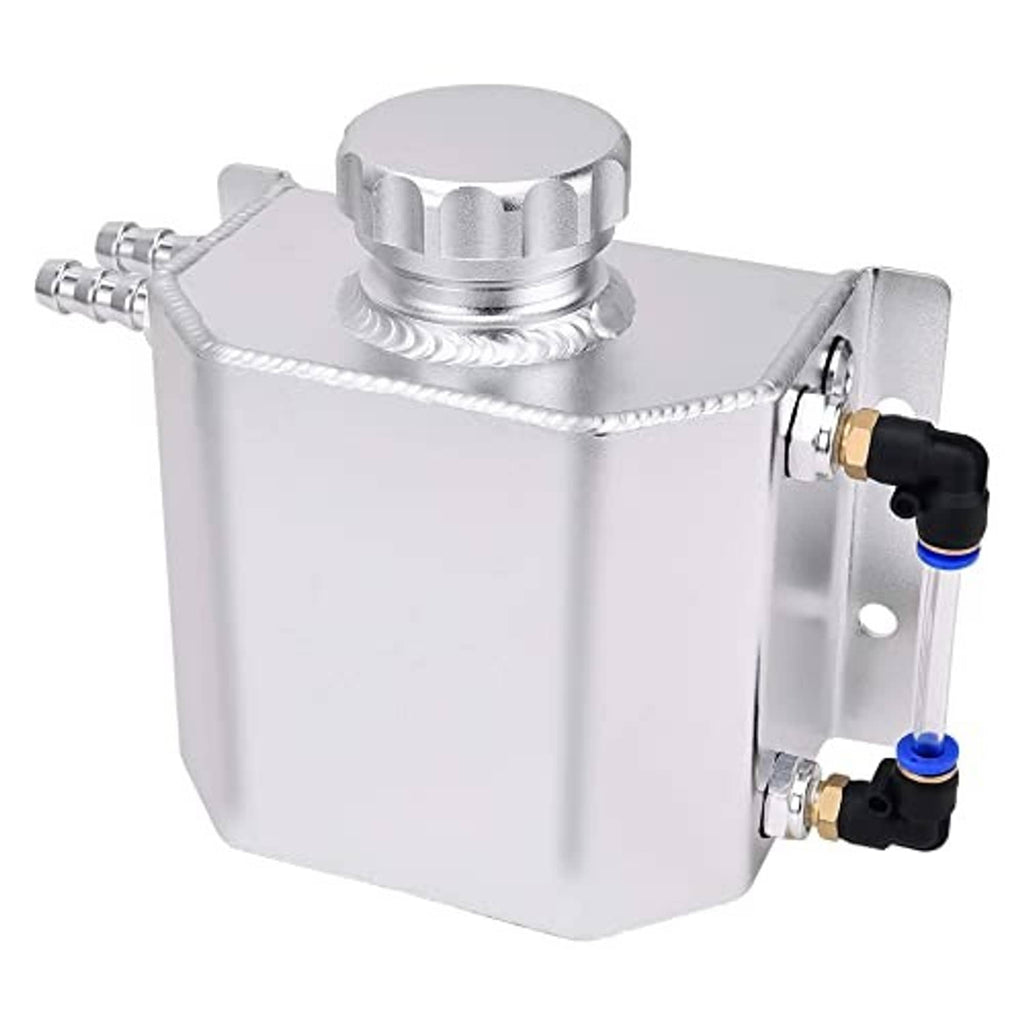 Silver aluminum coolant recovery tank with top cap, braided hoses, and side fittings