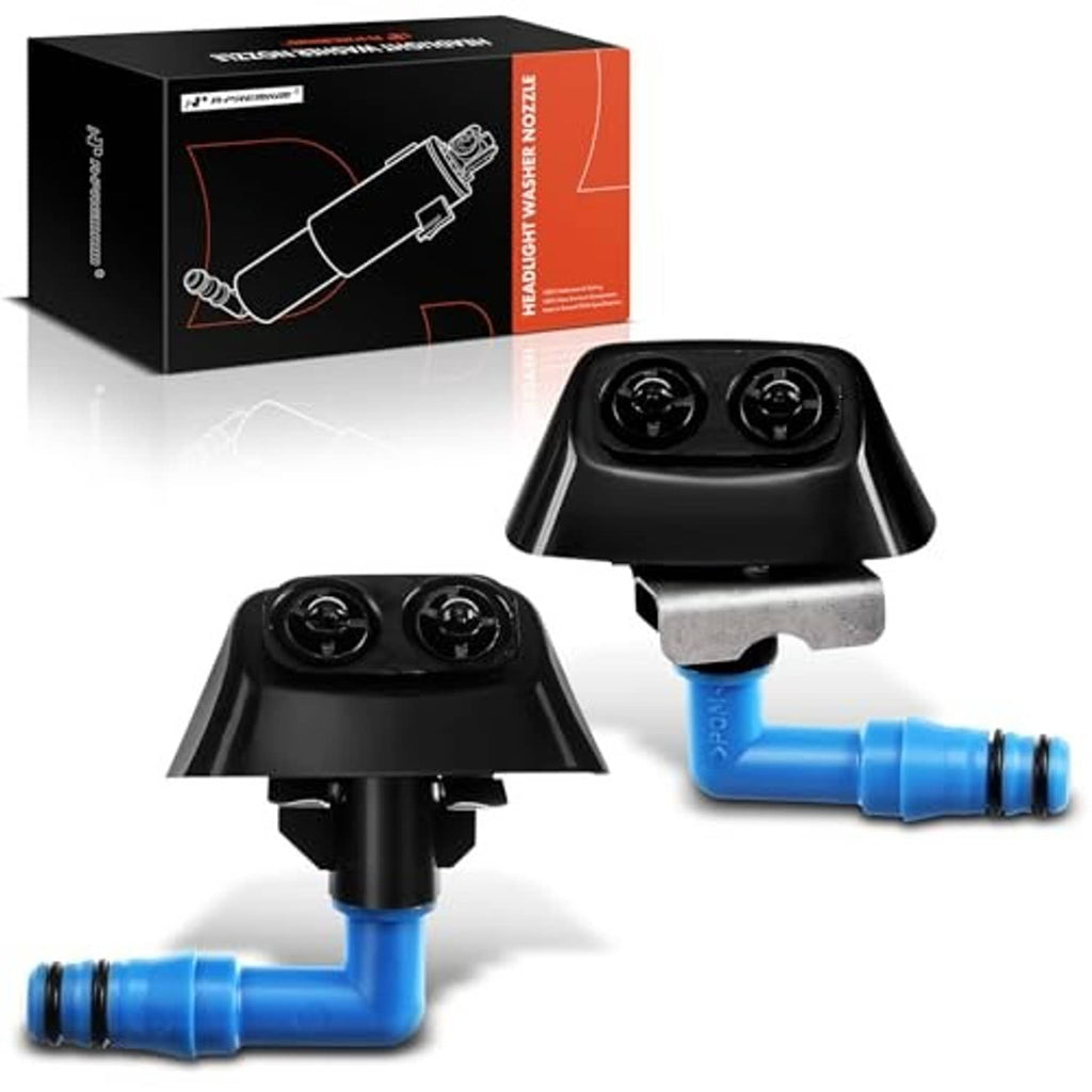 Black headlight washer nozzle jets with blue side hose fittings, two-piece set