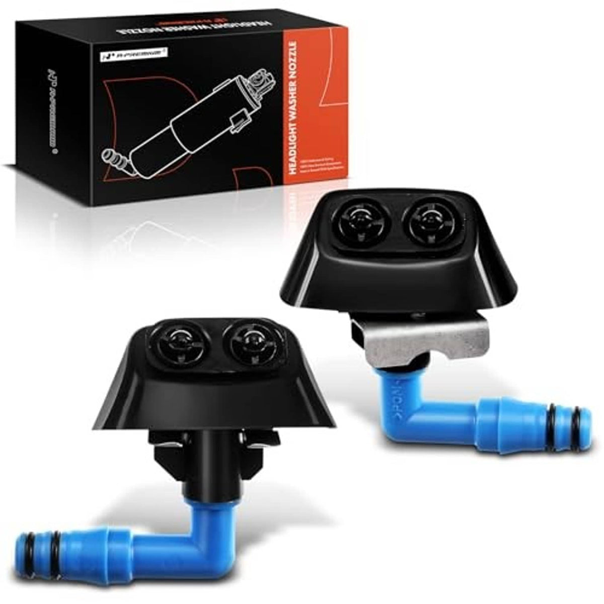Black headlight washer nozzle jets with blue side hose fittings, two-piece set