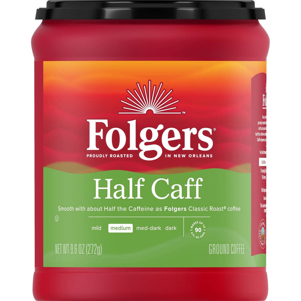 Folgers Half Caff ground coffee canister, red and green label, medium roast