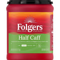 Folgers Half Caff ground coffee canister, red and green label, medium roast