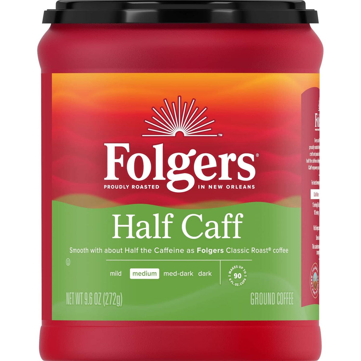 Folgers Half Caff ground coffee canister, red and green label, medium roast