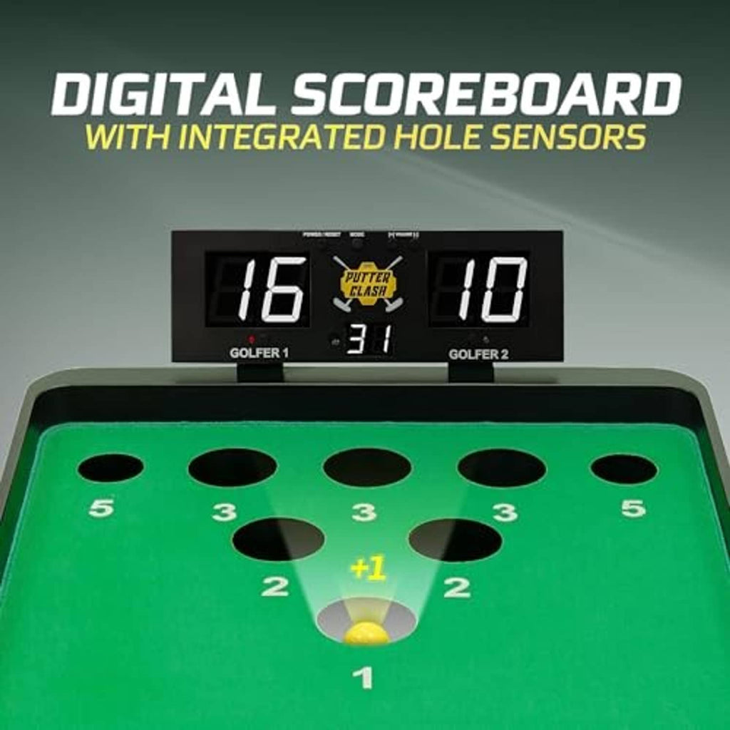 Green putting mat with numbered holes and digital scoreboard showing scores