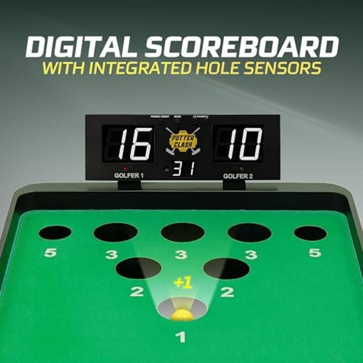 Green putting mat with numbered holes and digital scoreboard showing scores