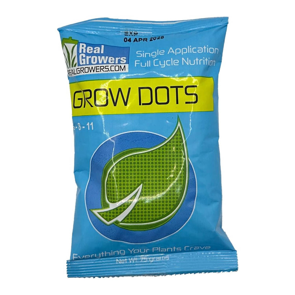 Blue fertilizer bag with green Grow Dots logo, leaf graphic, single application nutrition
