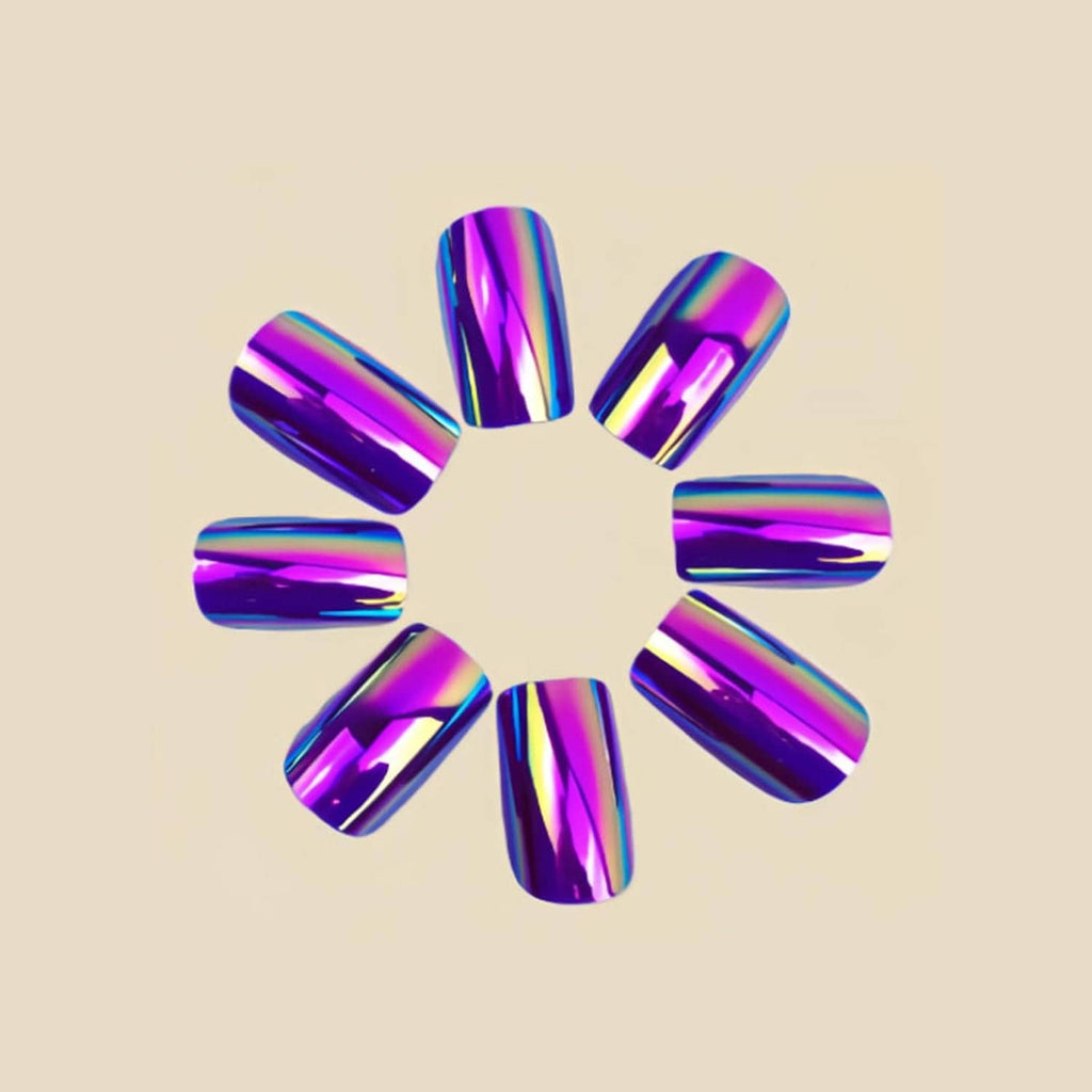 Purple chrome mirror press-on nails with medium square tips arranged in a burst