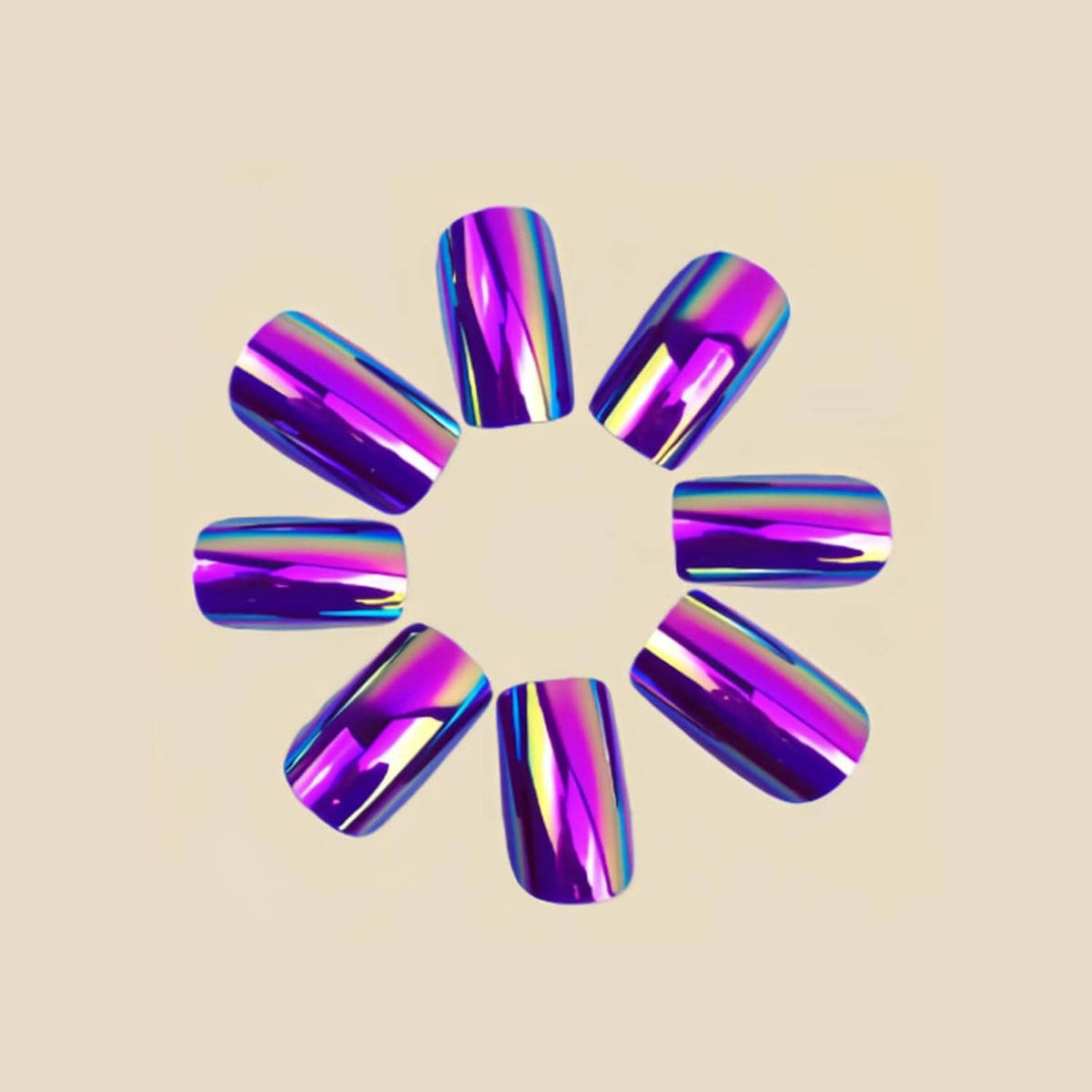 Purple chrome mirror press-on nails with medium square tips arranged in a burst