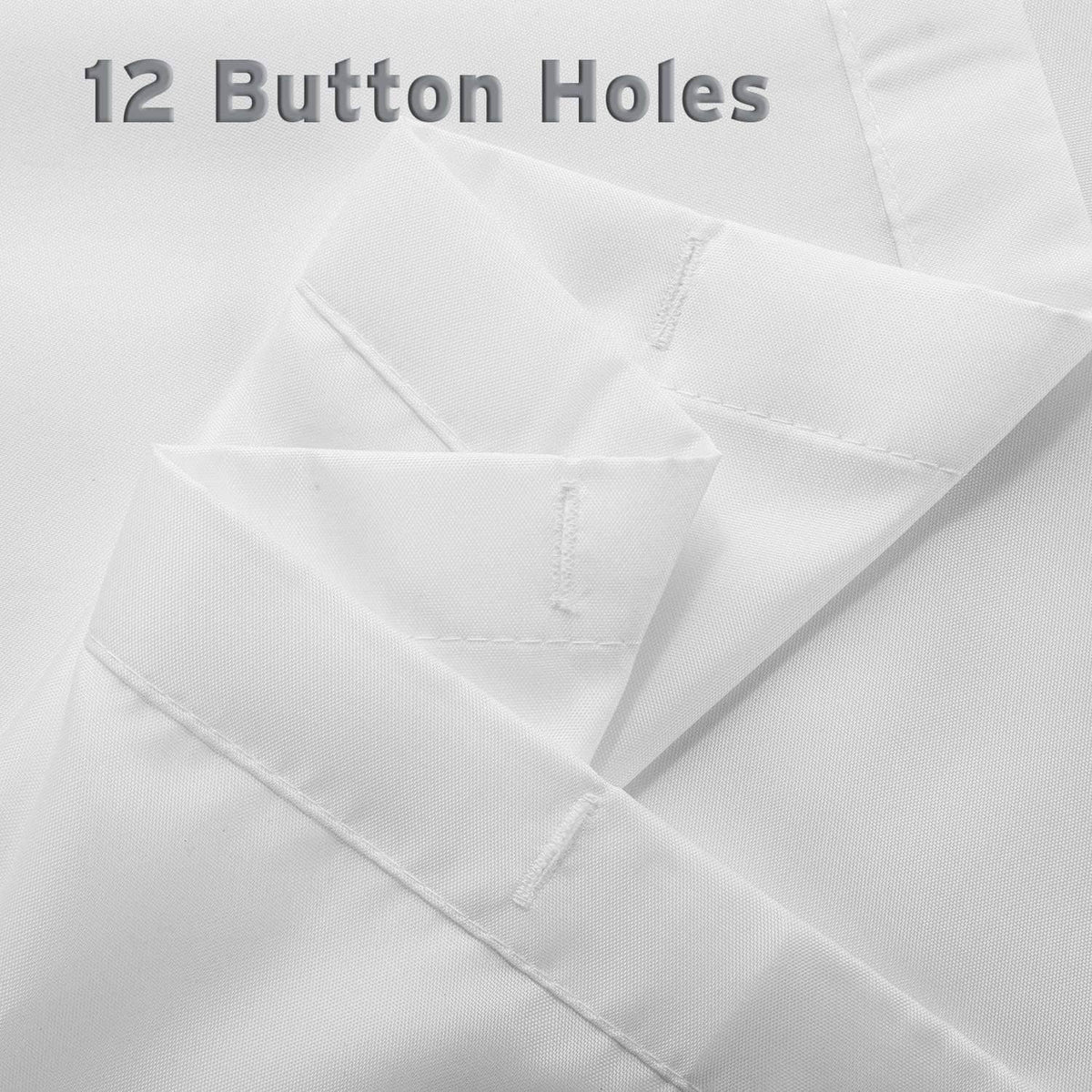 White shower curtain liner with reinforced buttonhole openings and double stitching.