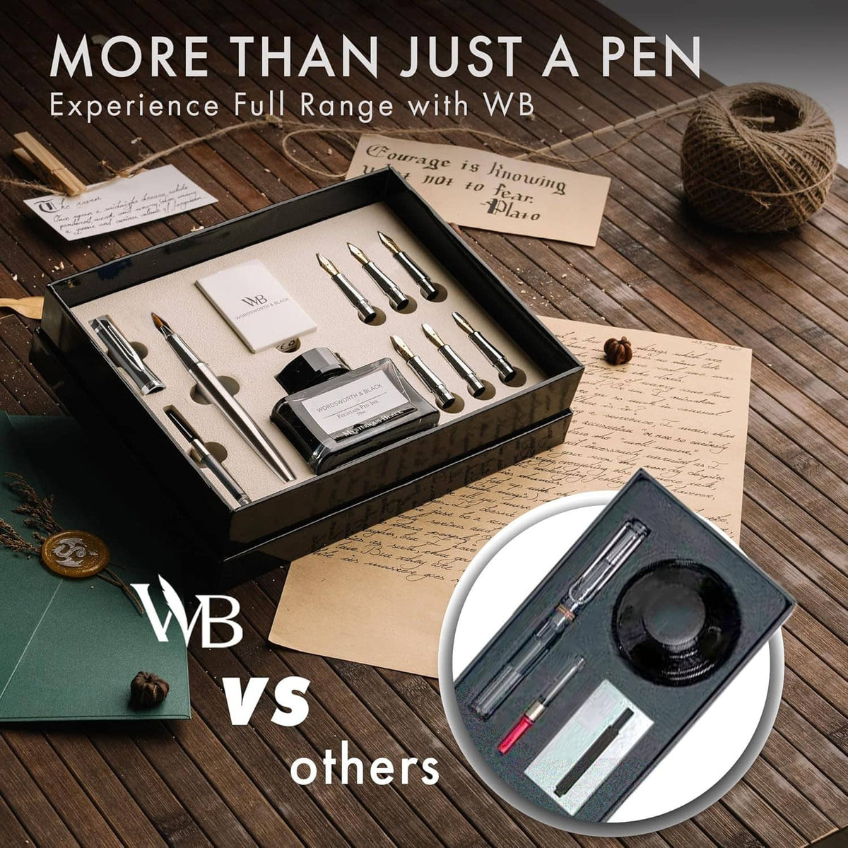 Calligraphy pen gift set in presentation box with pens, converter, and ink bottle