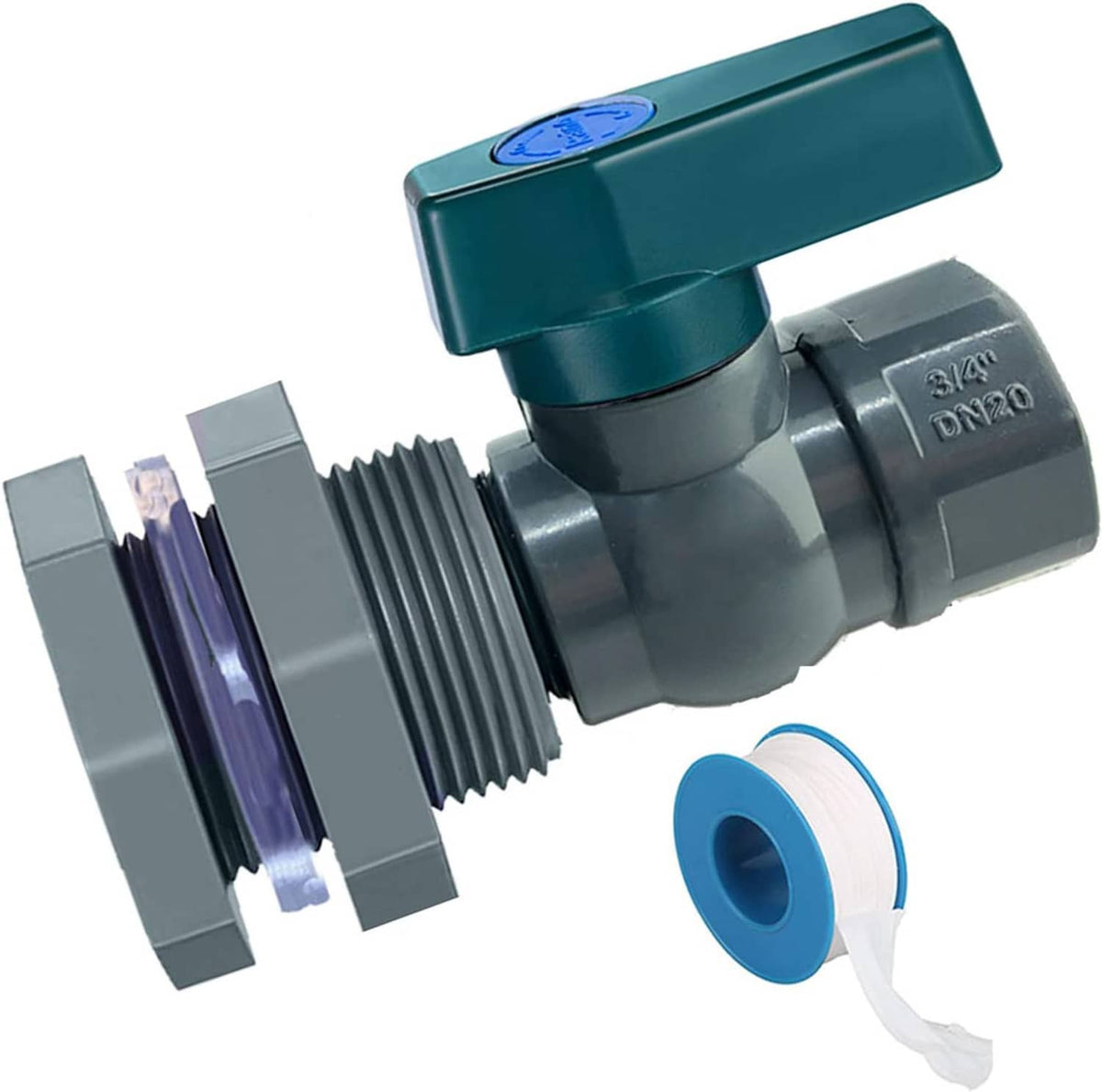Garden spigot drain valve assembly with teal lever, gray threaded ends, and blue seal