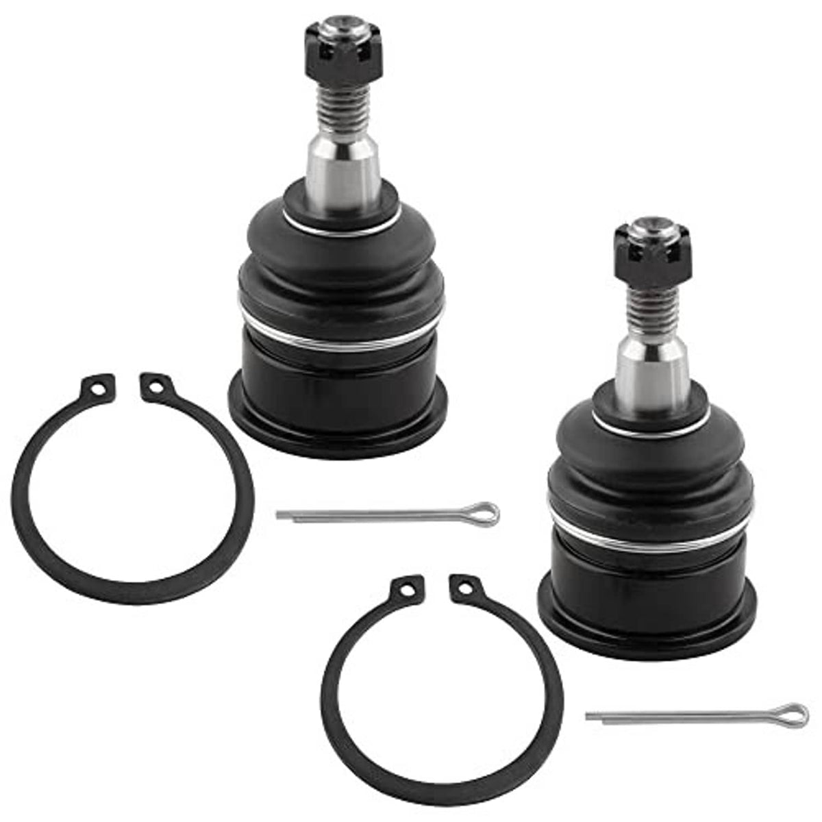 Pair of front upper ball joints with black boots, metal ball studs, retaining rings, cotter pins