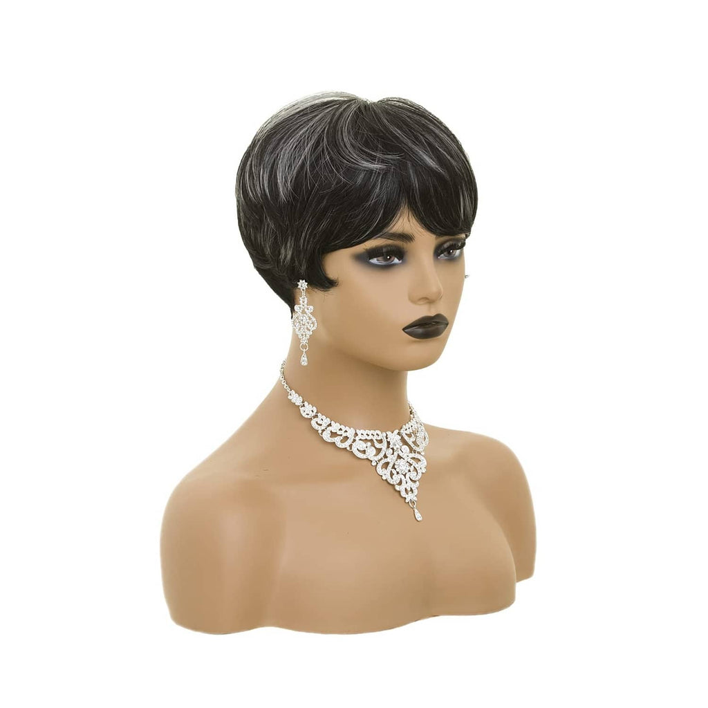 Short black pixie cut wig with grey streaks, layered silhouette and tapered back.