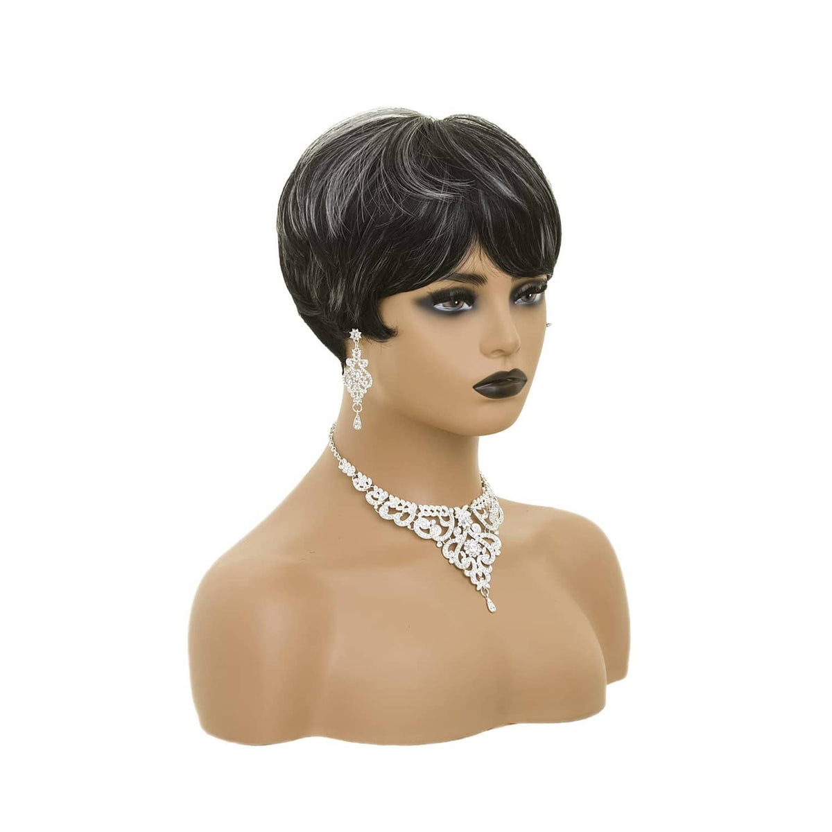 Short black pixie cut wig with grey streaks, layered silhouette and tapered back.