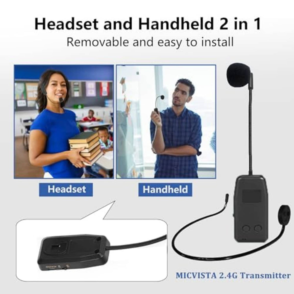 2-in-1 wireless microphone with removable headset mic and handheld mic