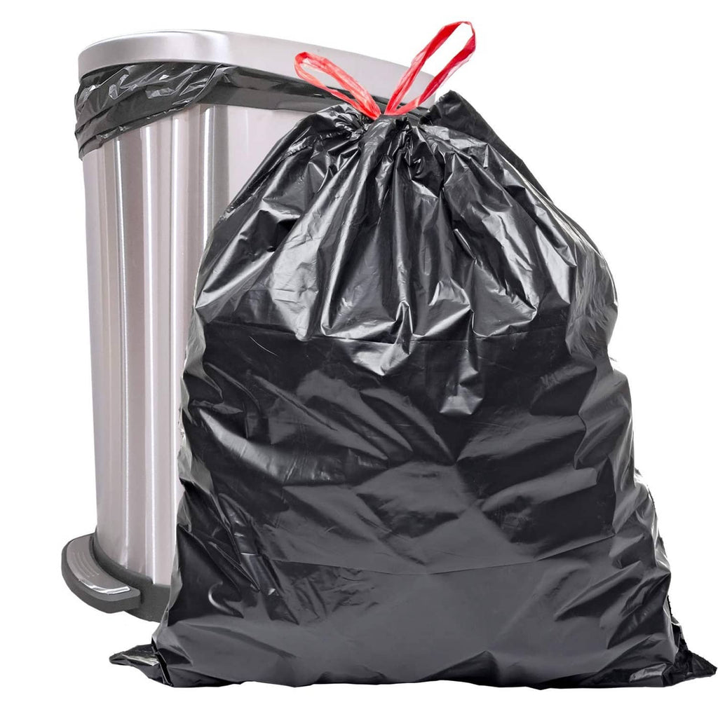 Black drawstring trash bag on a trash can, gathered top with red tie