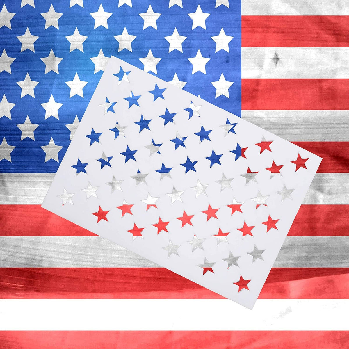 Layered American flag star stencil templates with blue, white, and red stars