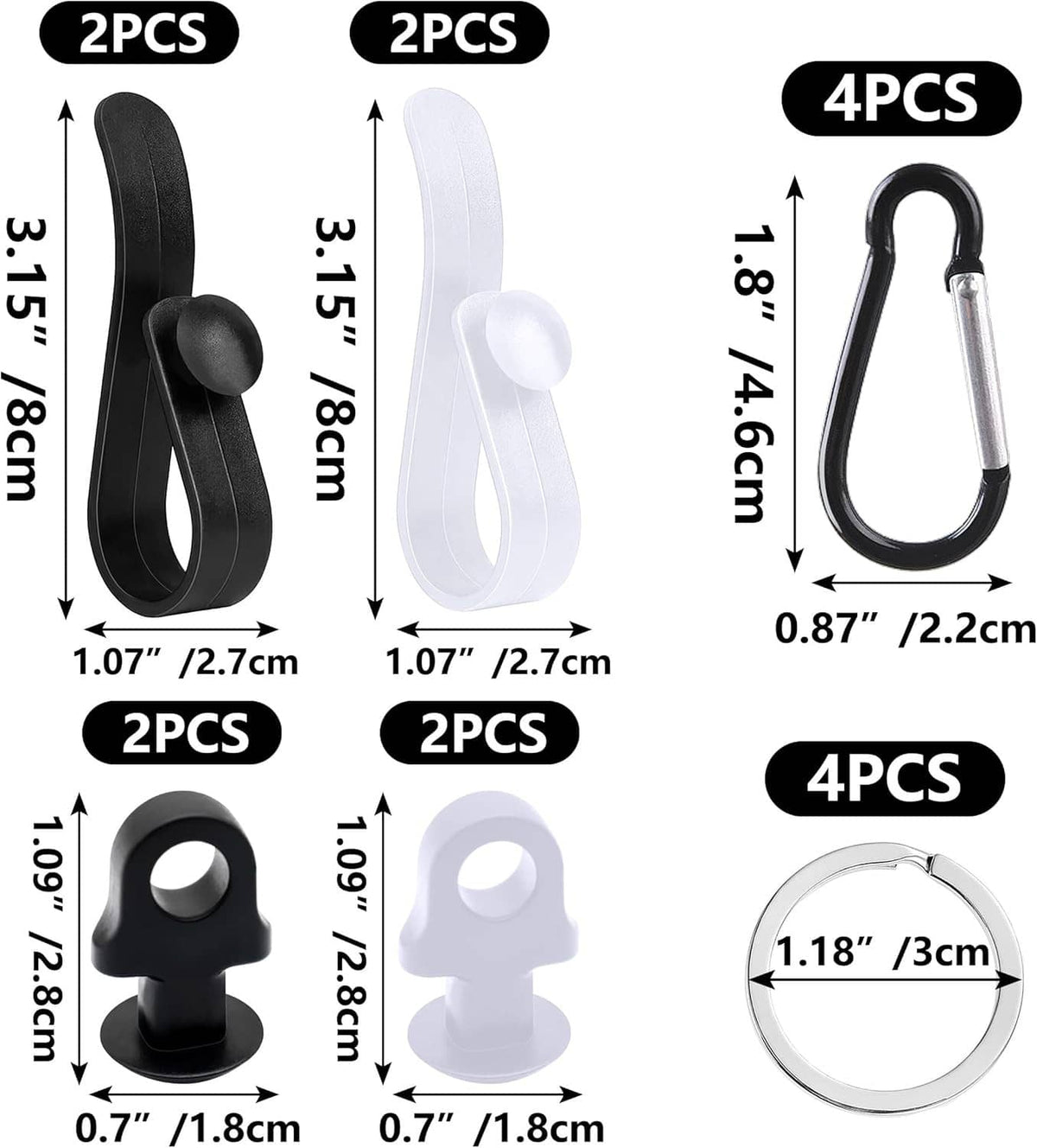 Bag hook set with carabiners and key rings, shown with size measurements