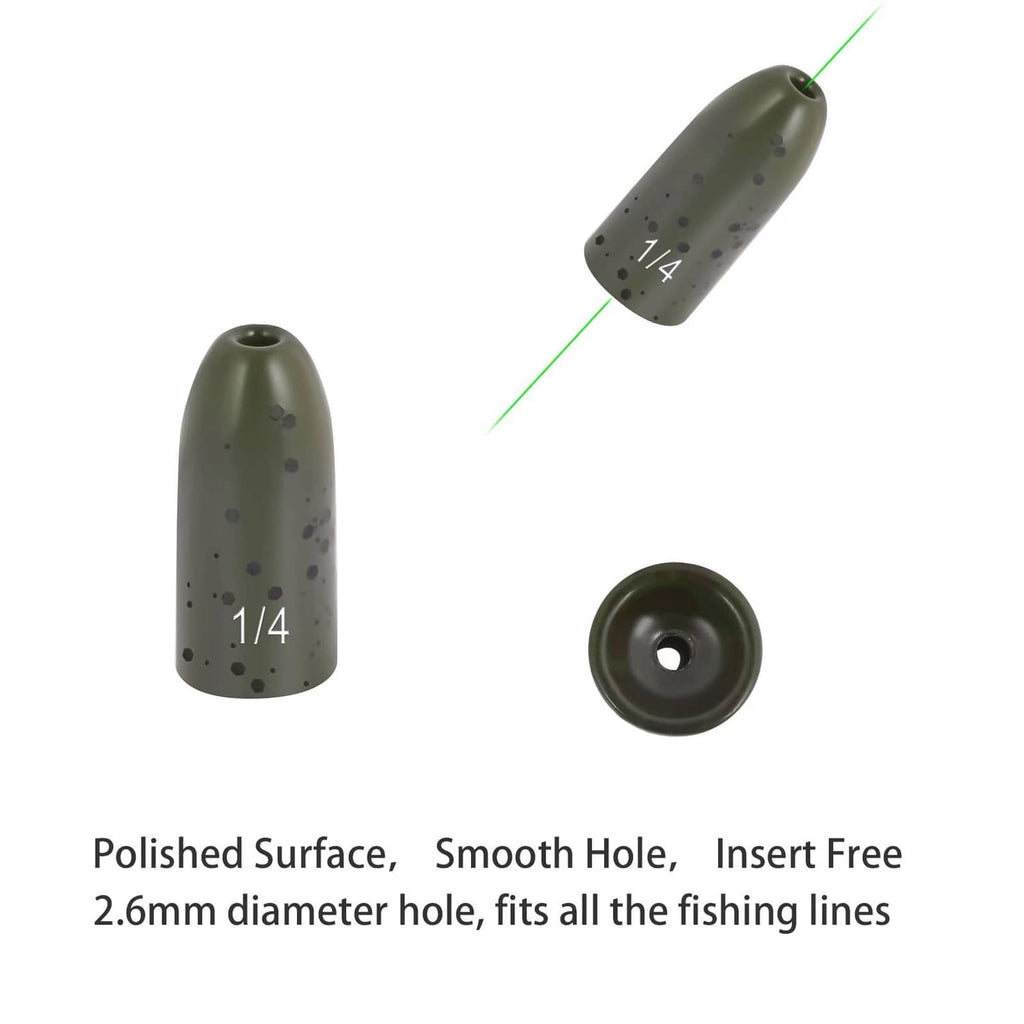 Dark olive speckled bullet fishing weight with 1/4 marking and line-hole view.