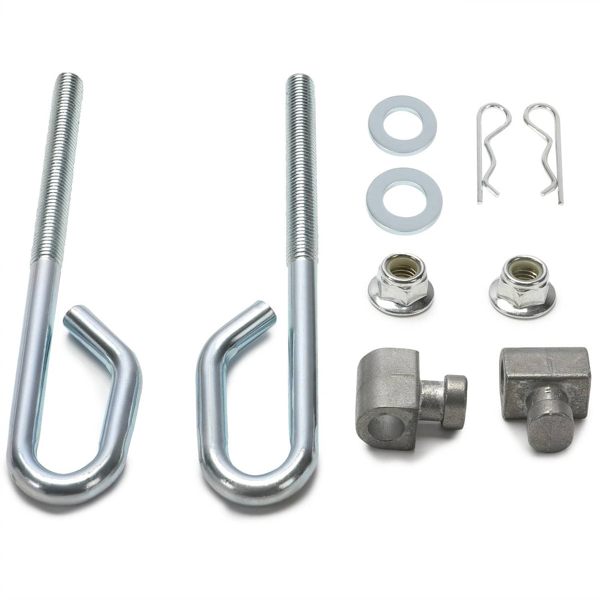 Deck lift bolt U-bolts with nuts, washers, and cotter pins, galvanized steel hardware kit