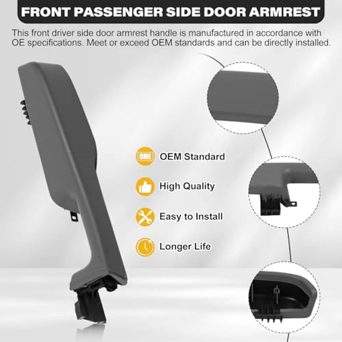 Light gray passenger front door armrest handle, angled view with mounting clips