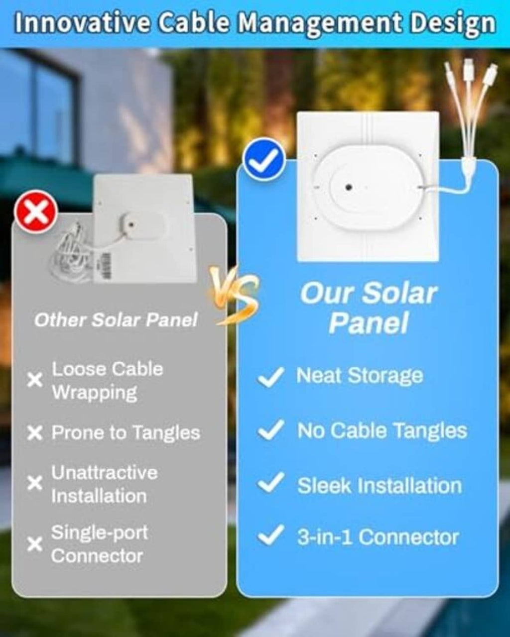 Solar panel charging setup graphic showing neat cable storage and tidy installation