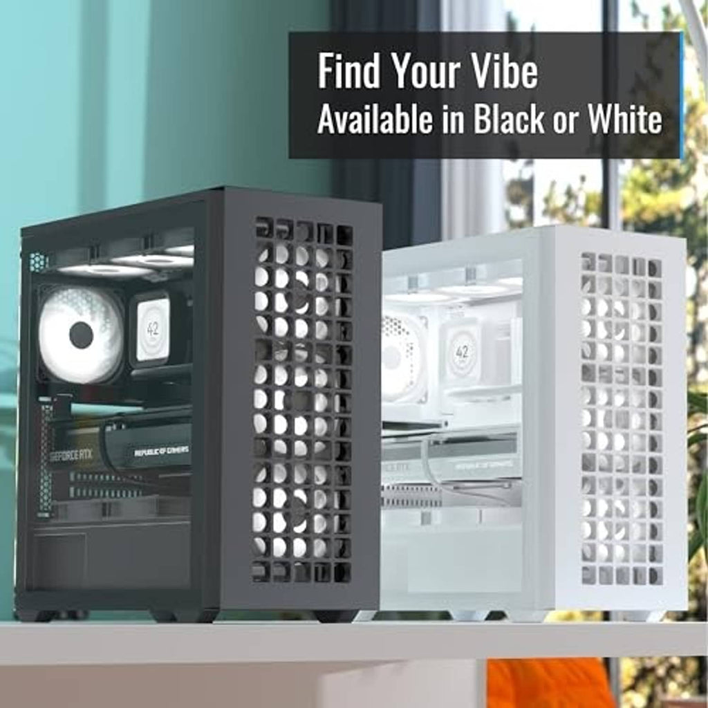 Two mid-tower PC cases side by side: black and white mesh front panels with open interiors