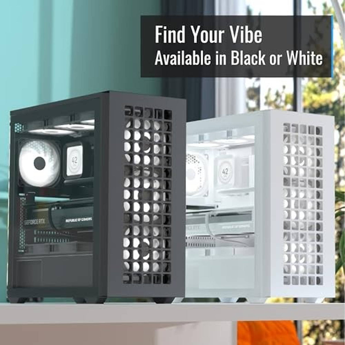 Two mid-tower PC cases side by side: black and white mesh front panels with open interiors
