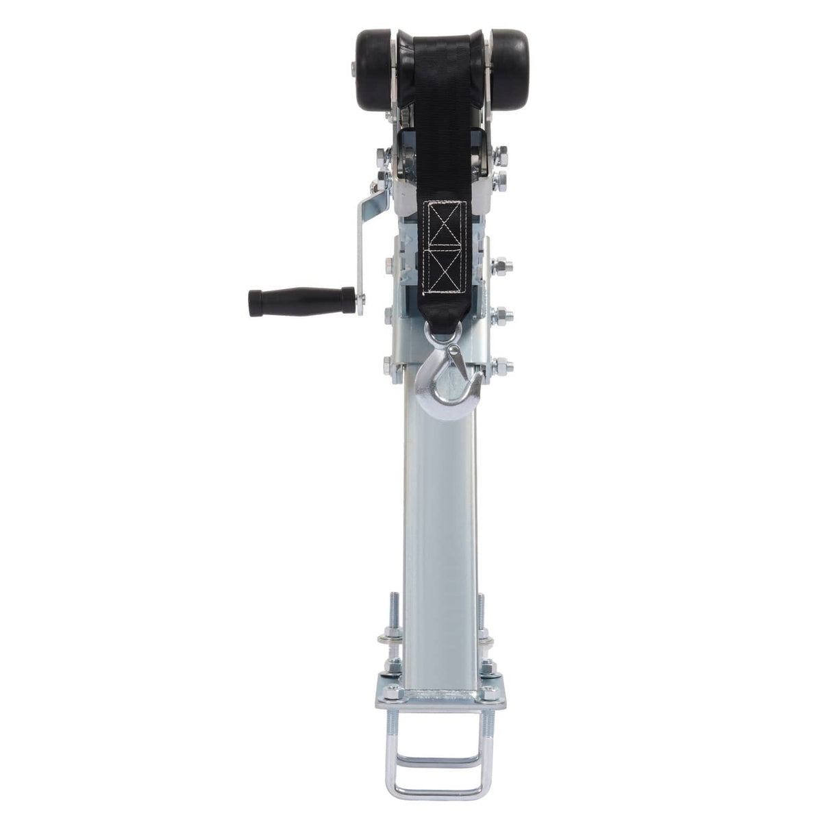 Winch stand assembly with top pulley drum and sturdy base bracket with hook