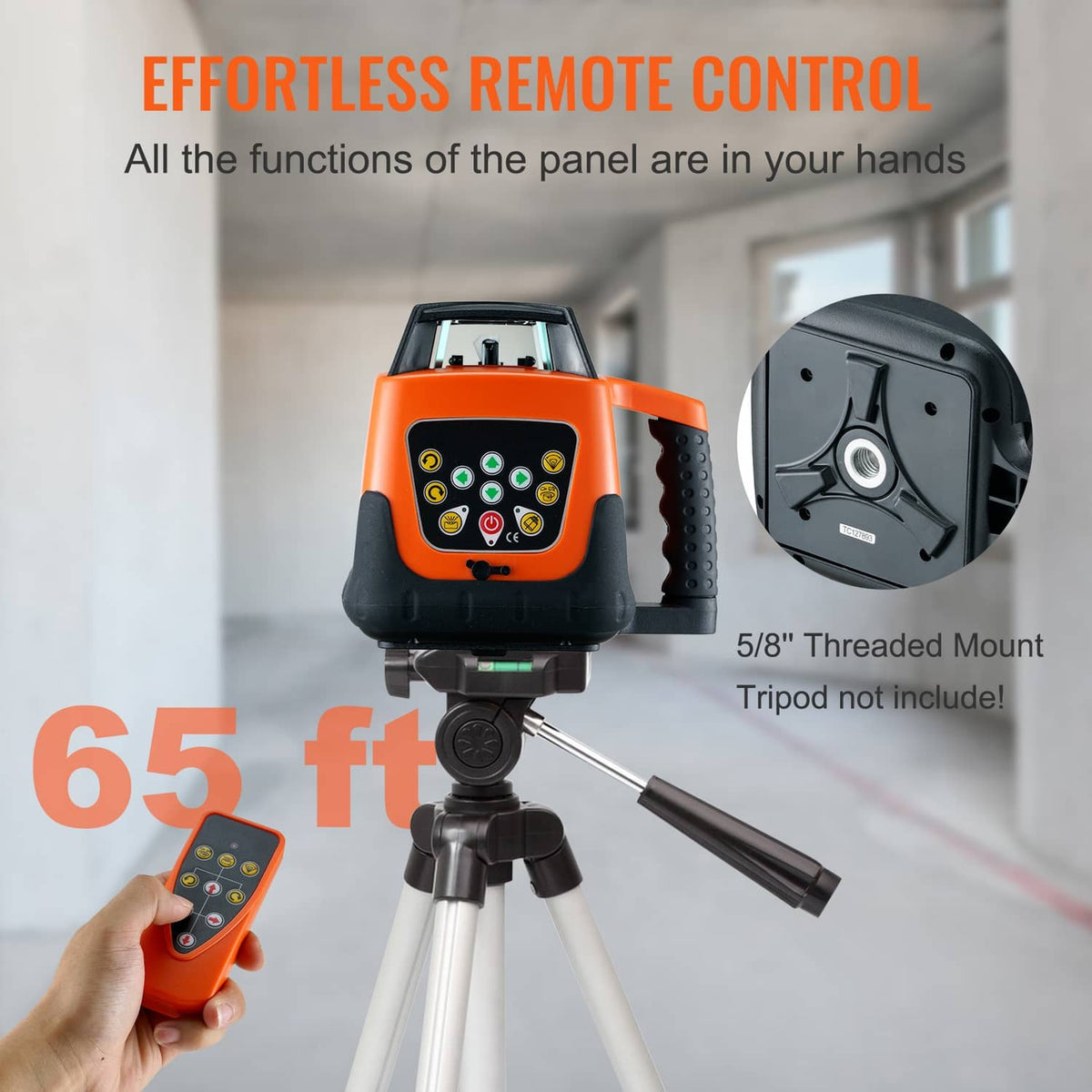 Orange rotary laser level with handheld remote controller and threaded mount