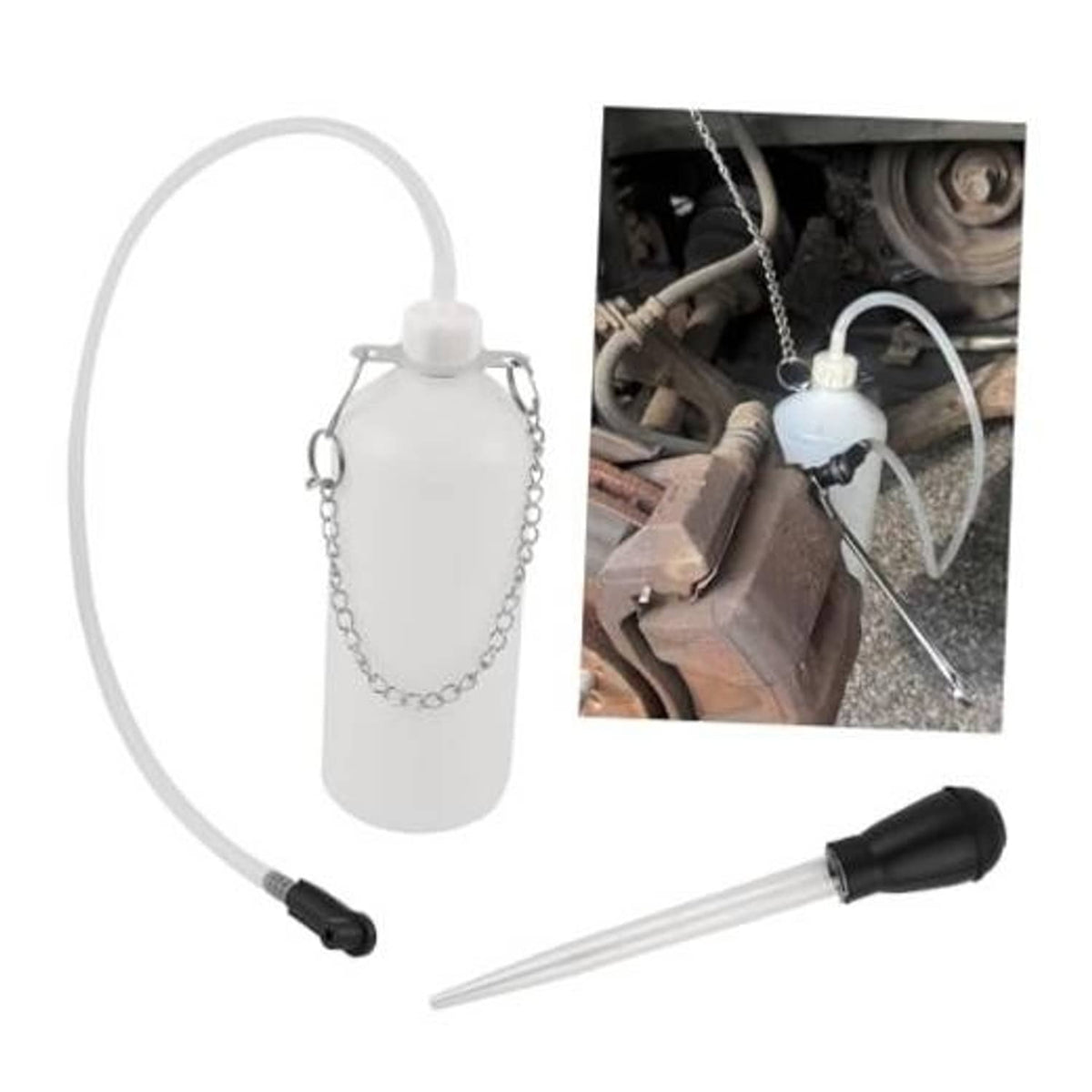 Brake bleeder kit with white bottle, clear hose, black connectors, and fluid extractor wand